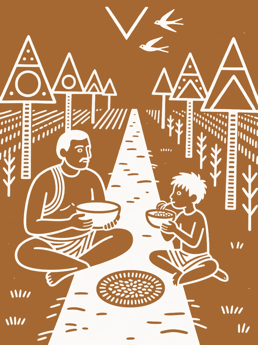 A father and his teenage son sharing a quiet meal together along a path leading to the fields.