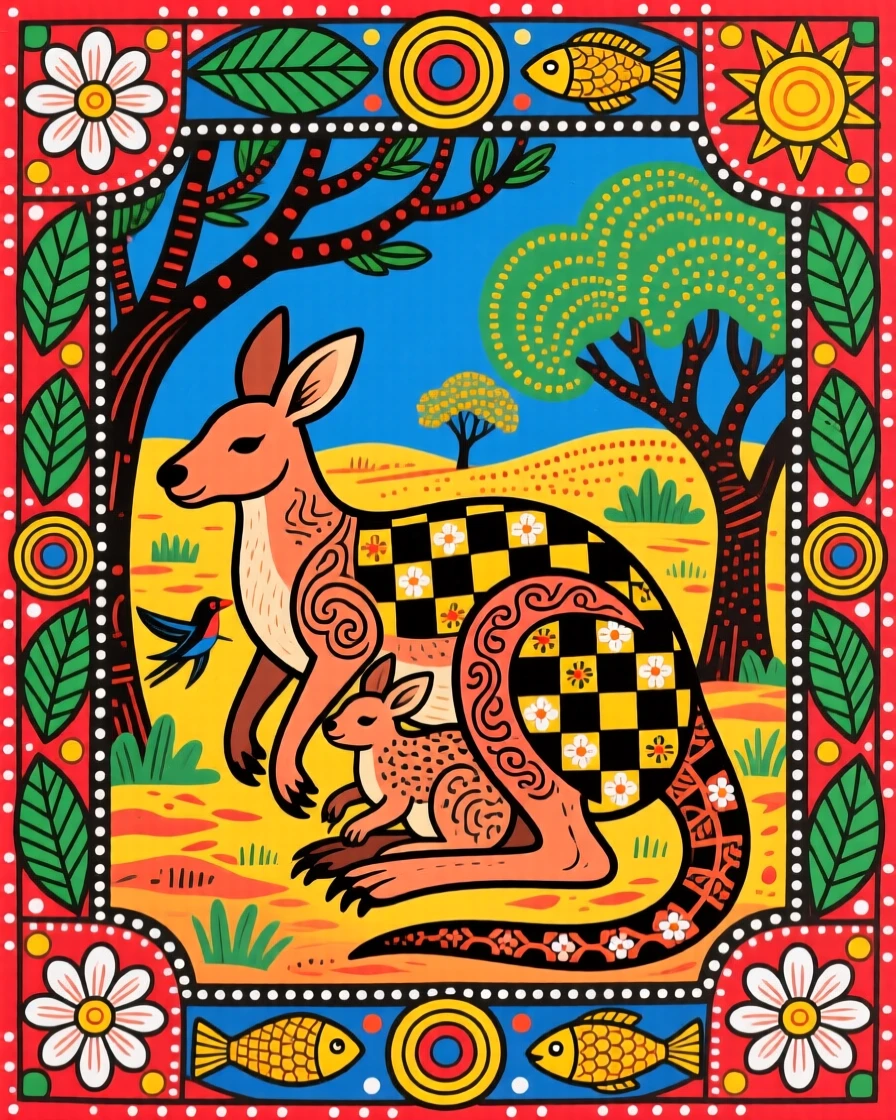 A kangaroo and her joey resting in the shade of the outback.