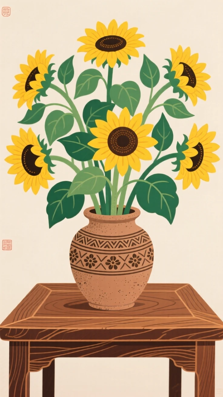 A still arrangement of a field of sunflowers in a rustic clay vase on a wooden table.