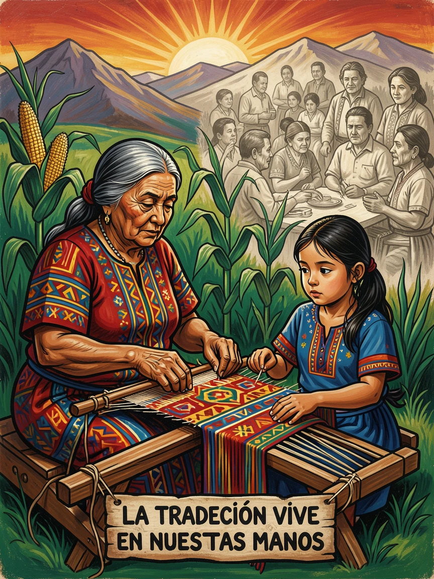 A grandmother teaching her granddaughter to weave on a traditional loom