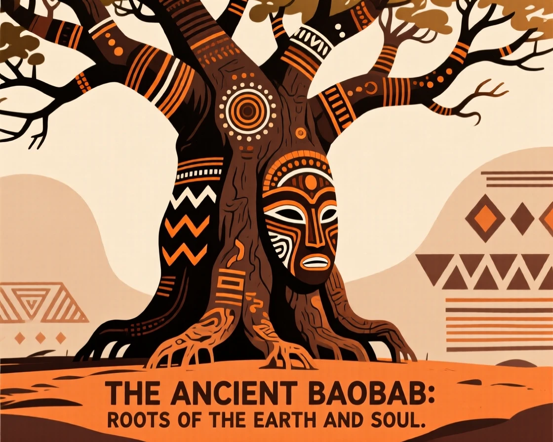 A baobab tree with an enormous, ancient trunk.