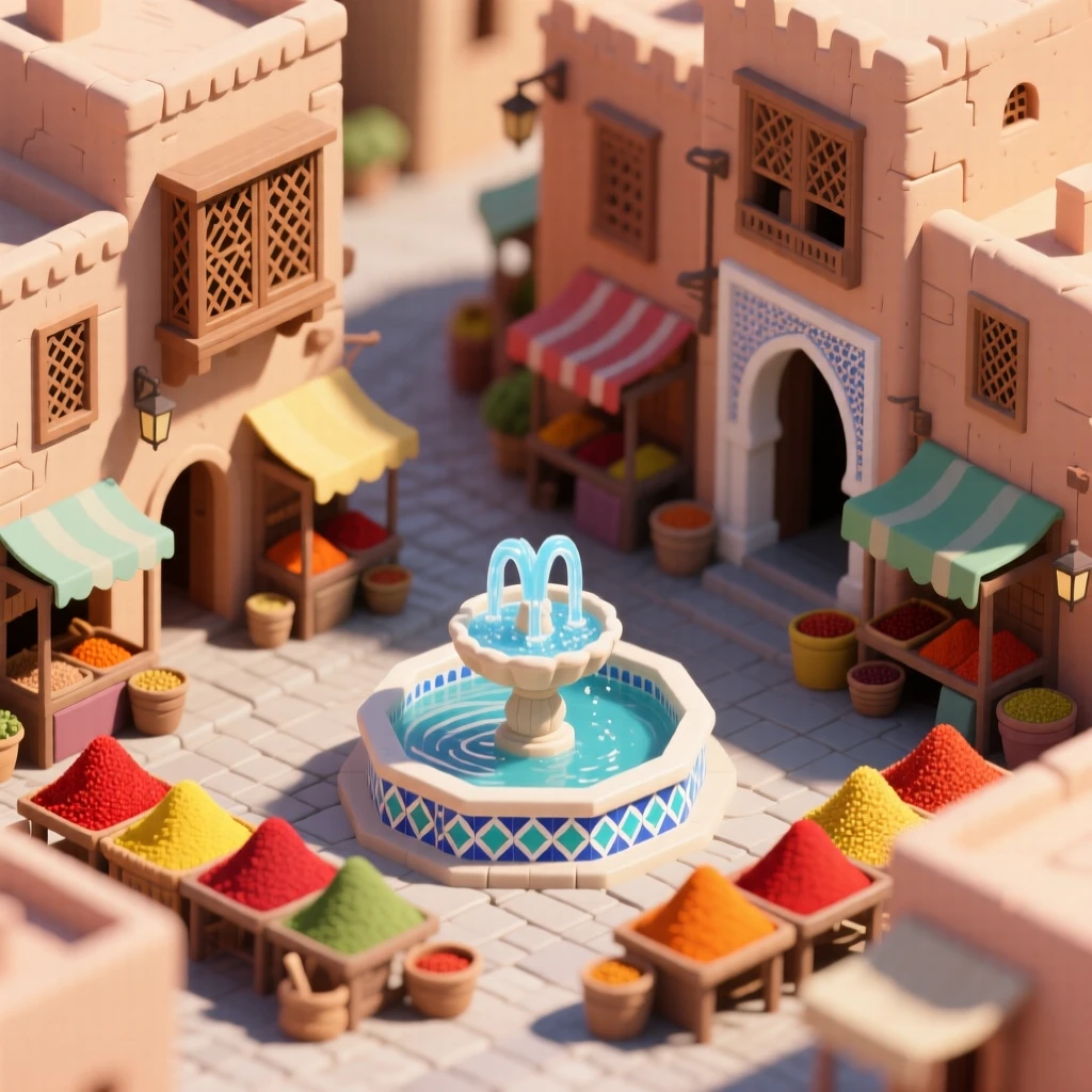 A bustling Moroccan medina with narrow winding alleys, spice merchants' stalls piled high with colorful powders, and a mosaic fountain at the center square.