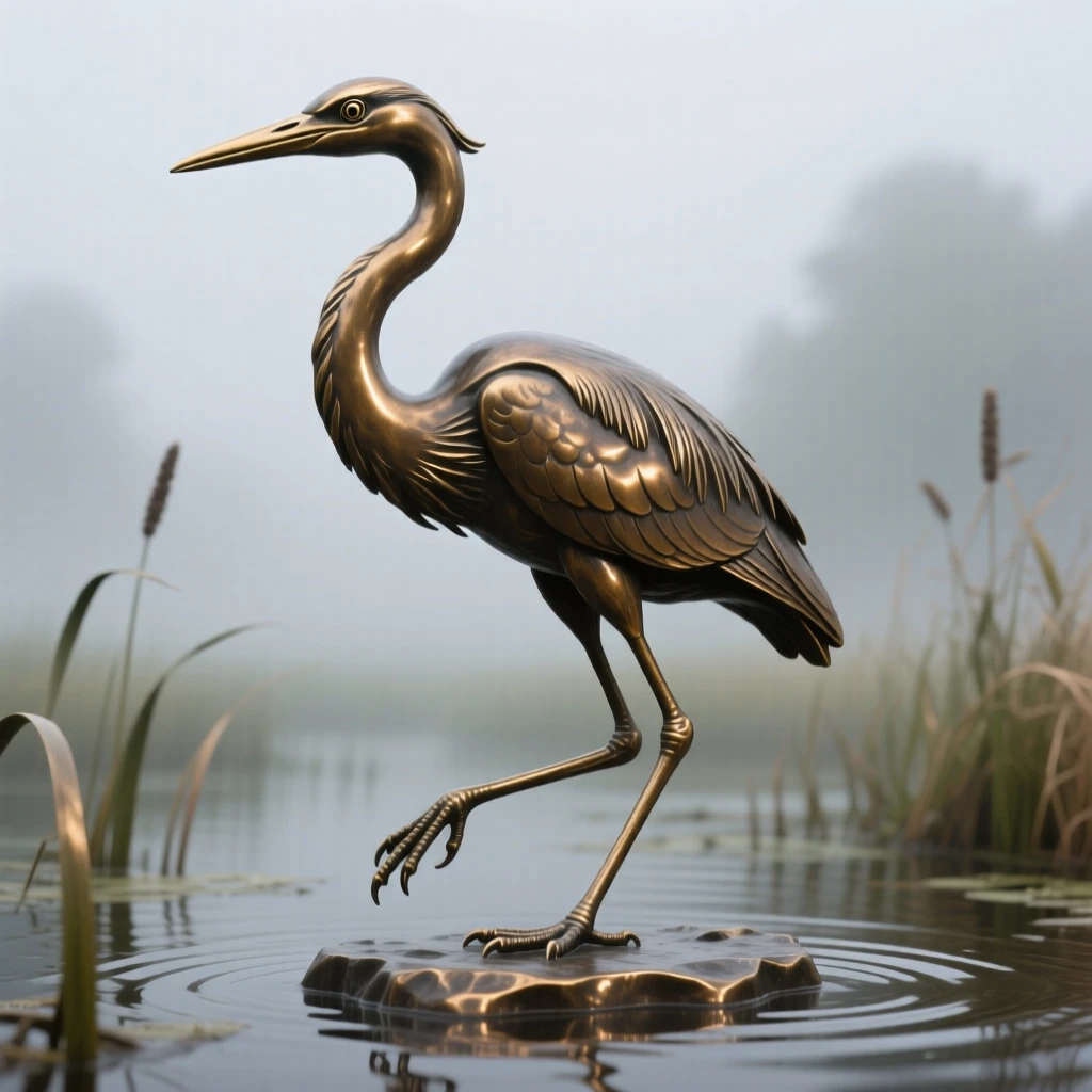 A heron standing still in a misty wetland, captured mid-motion with powerful grace, evoking wonder and majesty