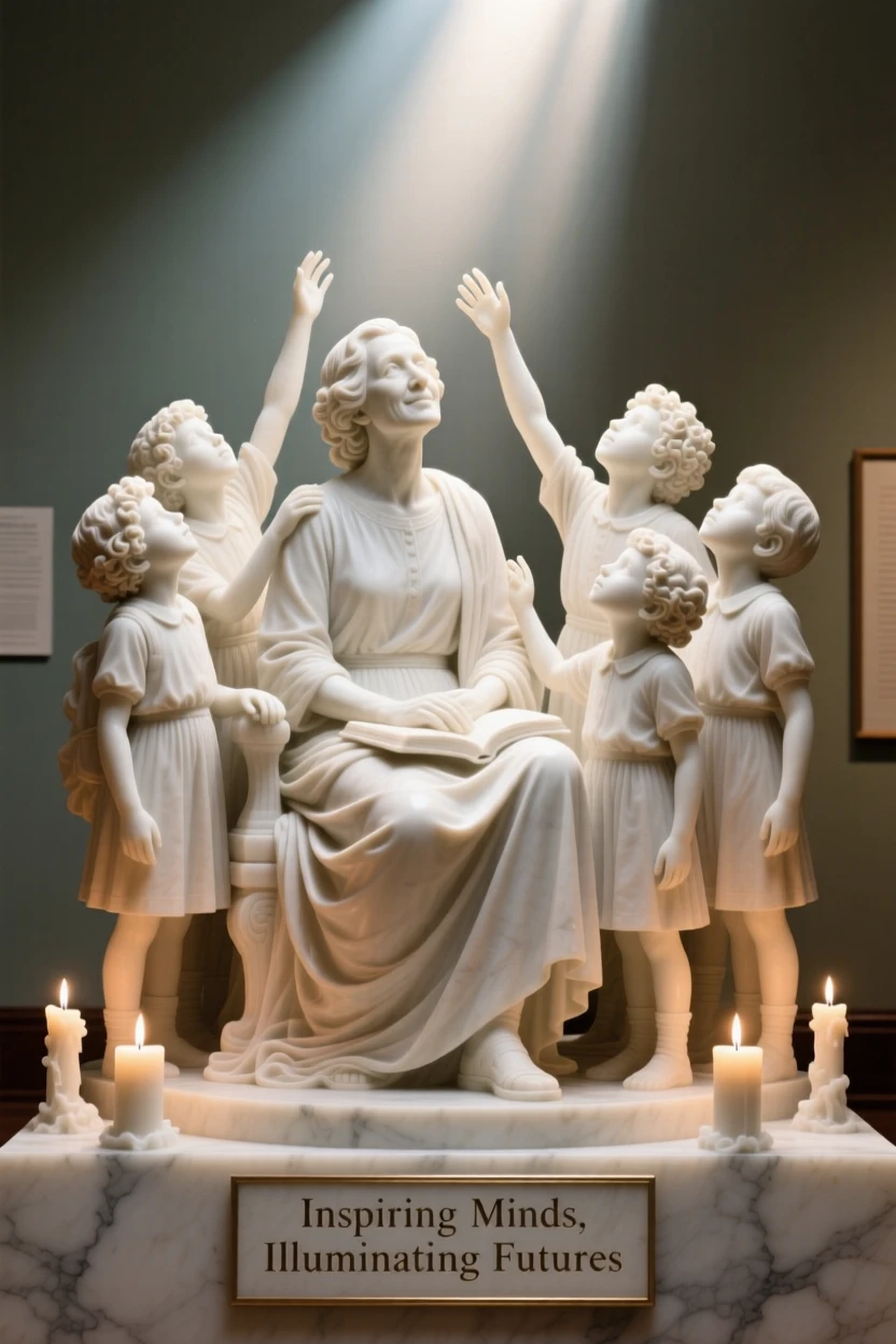 A tender portrait of a teacher surrounded by curious students, reaching upward toward the light, framed by soft candlelight, evoking warmth and humanity