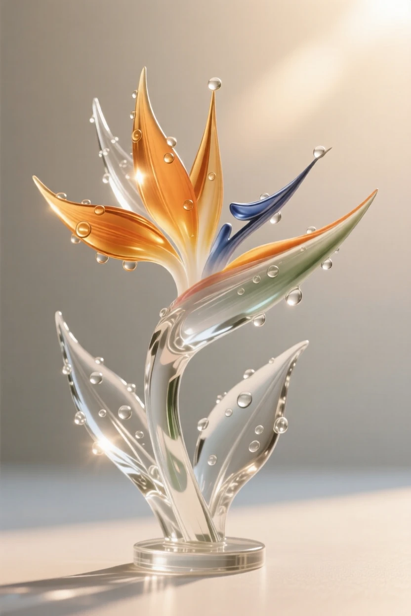 A bird of paradise flower, backlit by soft morning sunlight, dew drops clinging to the petals, composition centered and intimate, evoking freshness and calm.