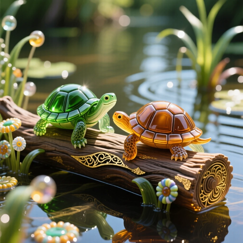 A pair of turtles basking on a log in a sunlit swamp, calm and unhurried.