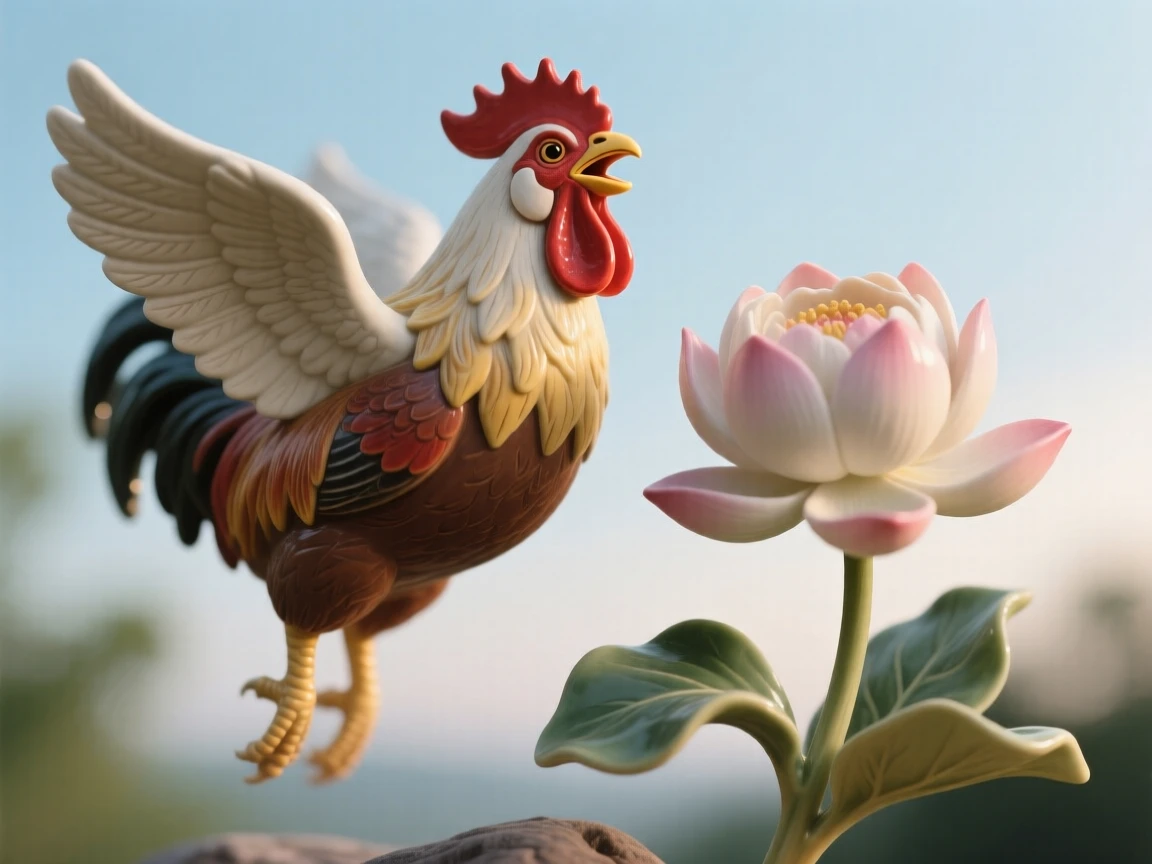 A rooster crowing at first light frozen mid-hover beside a bloom, outlined against a soft-focus natural backdrop, capturing a serene moment suspended in time.