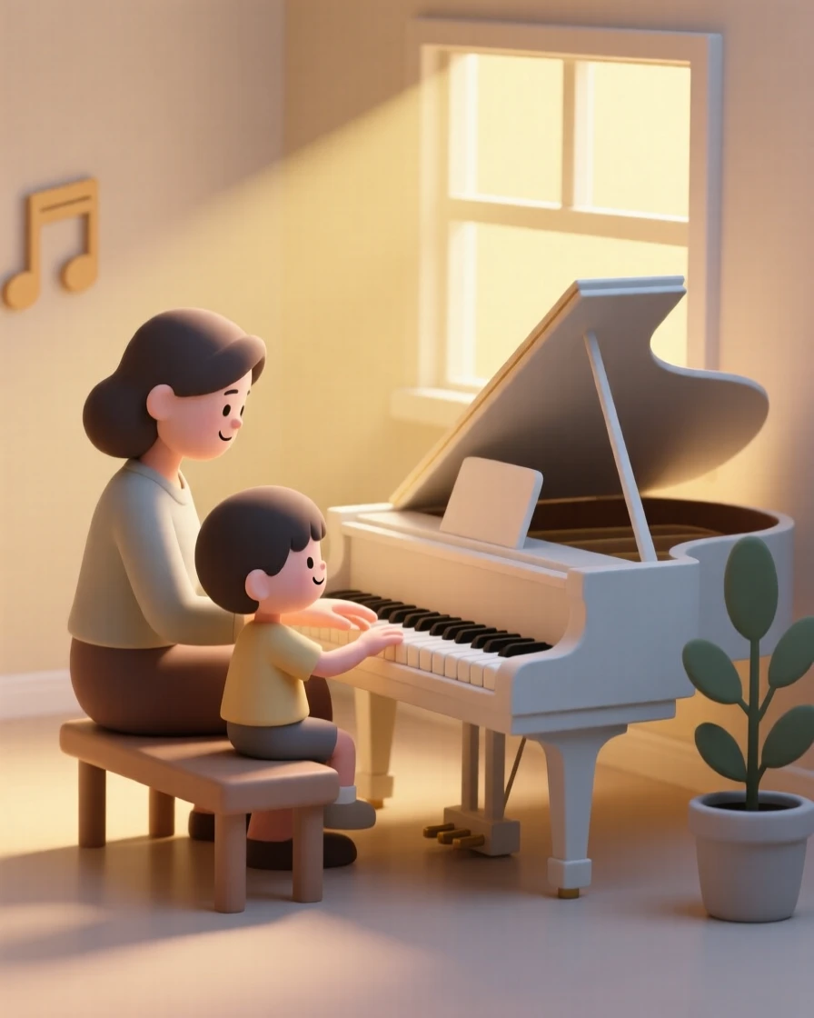 A gentle piano teacher guides a small child's fingers across ivory keys inside a cozy sunlit music room.