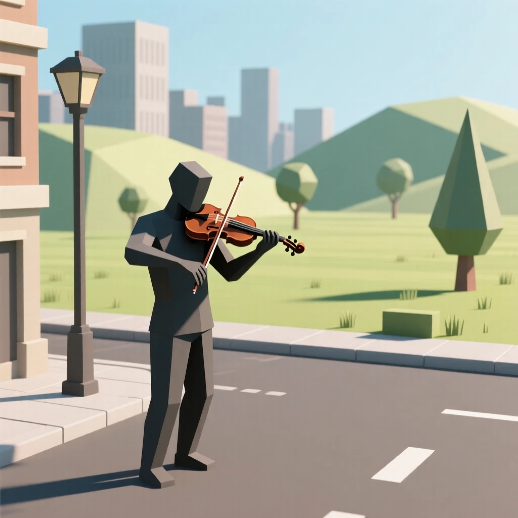 A violinist performing on an empty city street, in a quiet, sunlit meadow. the composition captures genuine, candid emotion. The moment feels full of hope and possibility.