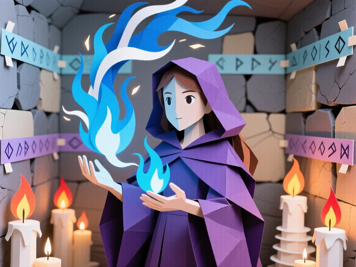 A young sorceress conjuring swirling blue flames in her palms within a candlelit stone chamber, ancient runes glowing faintly on the walls around her, evoking mystical power and focus.