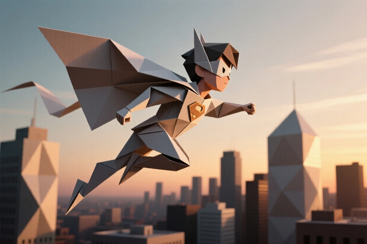 A young superhero character soaring above a city skyline at dusk, cape rippling behind them.