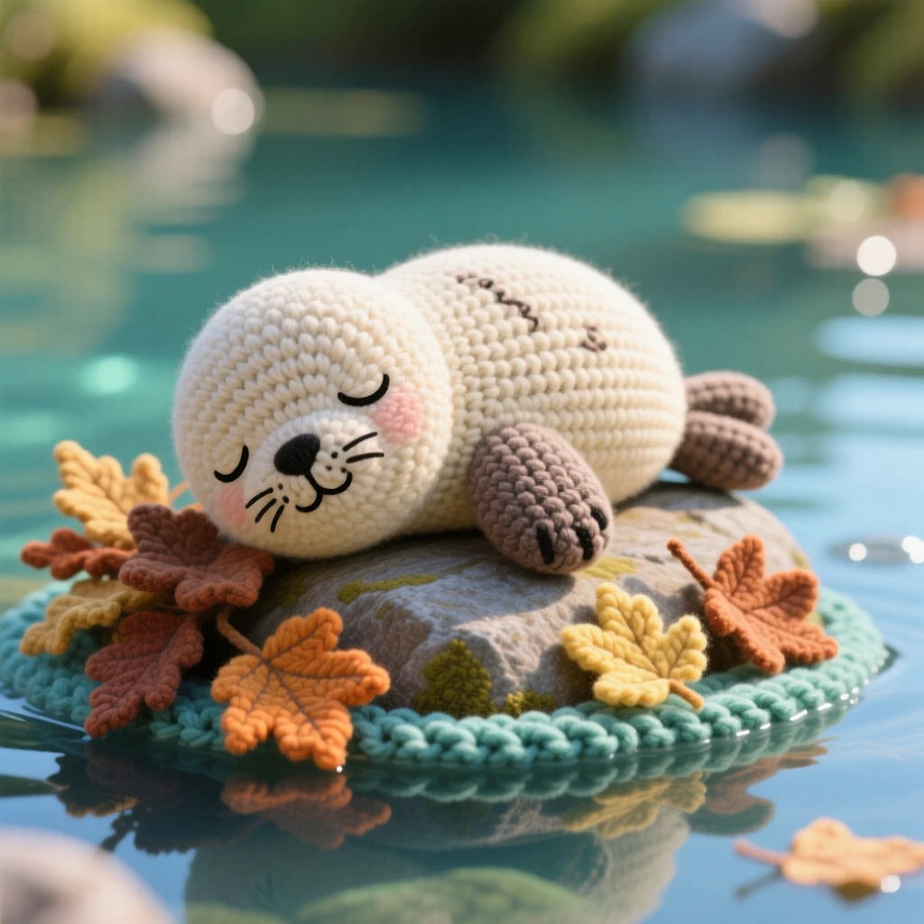 a plump baby seal pup napping, with flippers tucked beneath its body, sleeping soundly on a sun-warmed rock, set in the edge of a calm, glassy pond, with a bundle of dried autumn leaves, evoking gentle trust and quiet companionship.