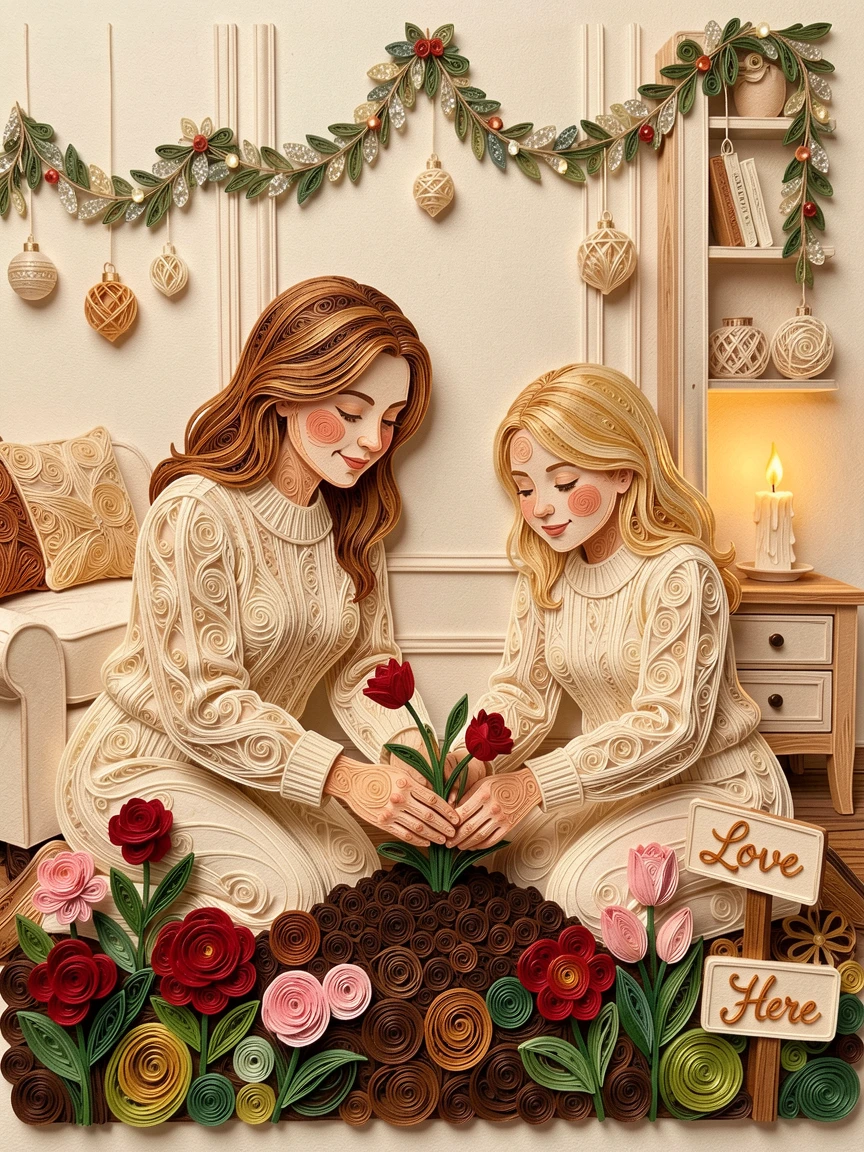 A heartwarming moment of a mother and daughter planting flowers in a garden in a softly lit living room decorated for the holidays, in soft, cozy tones of amber and cream, composed with generous warmth and closeness between subjects.