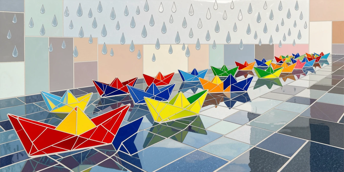 A colorful array of paper boats floating down a rain-soaked street.