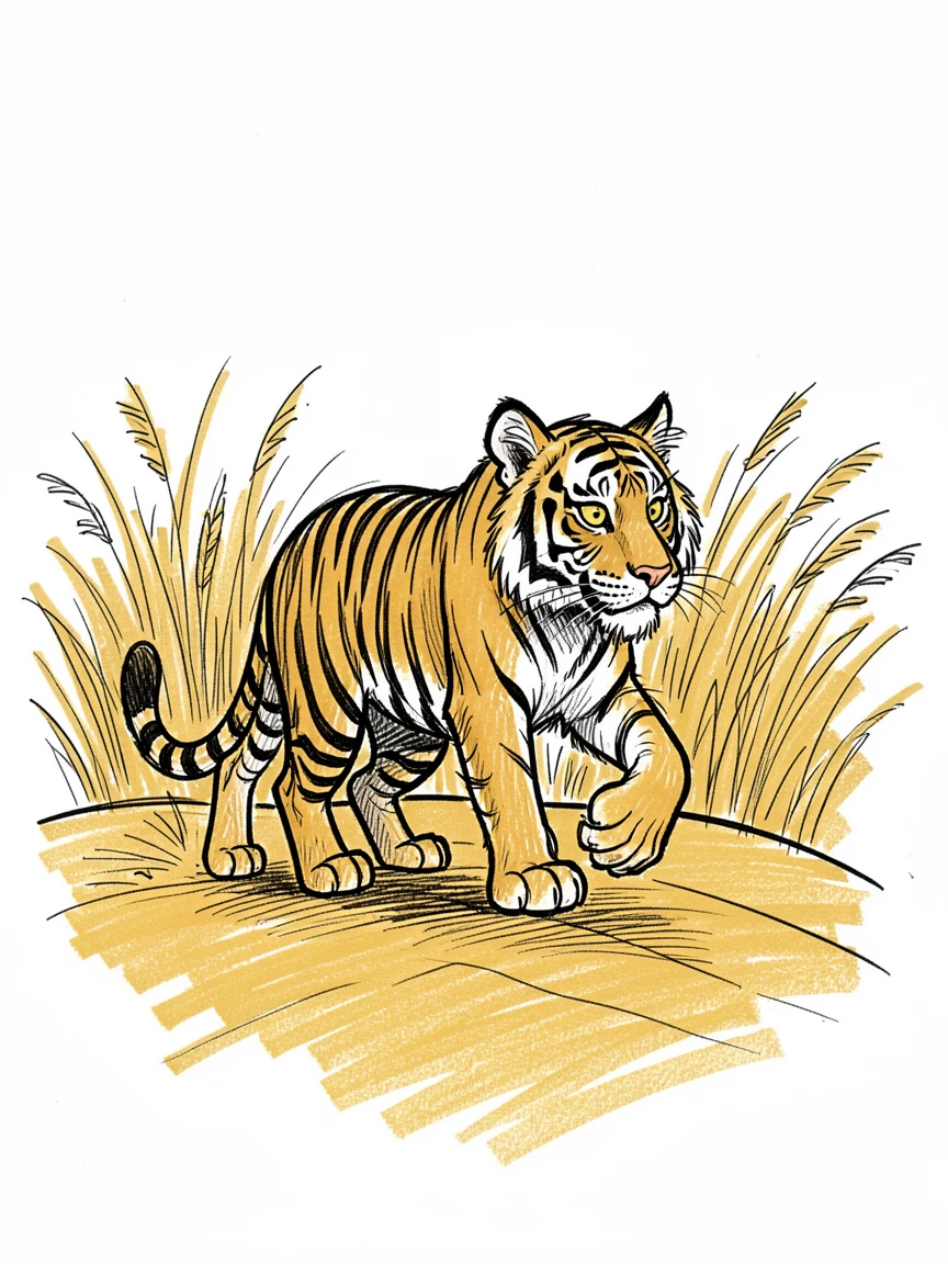A tiger walking through tall grass across a golden desert dune.