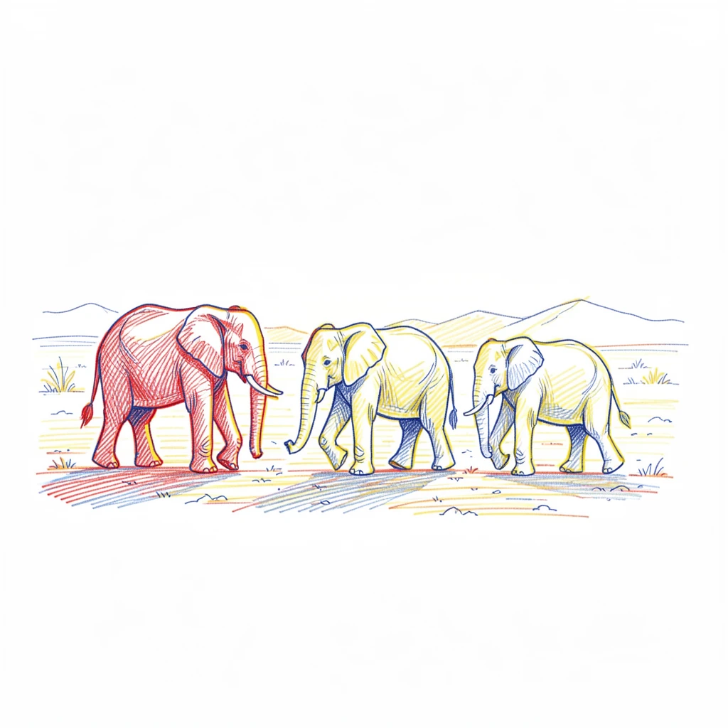 A gentle elephant family walking single file across a dusty plain at sunset