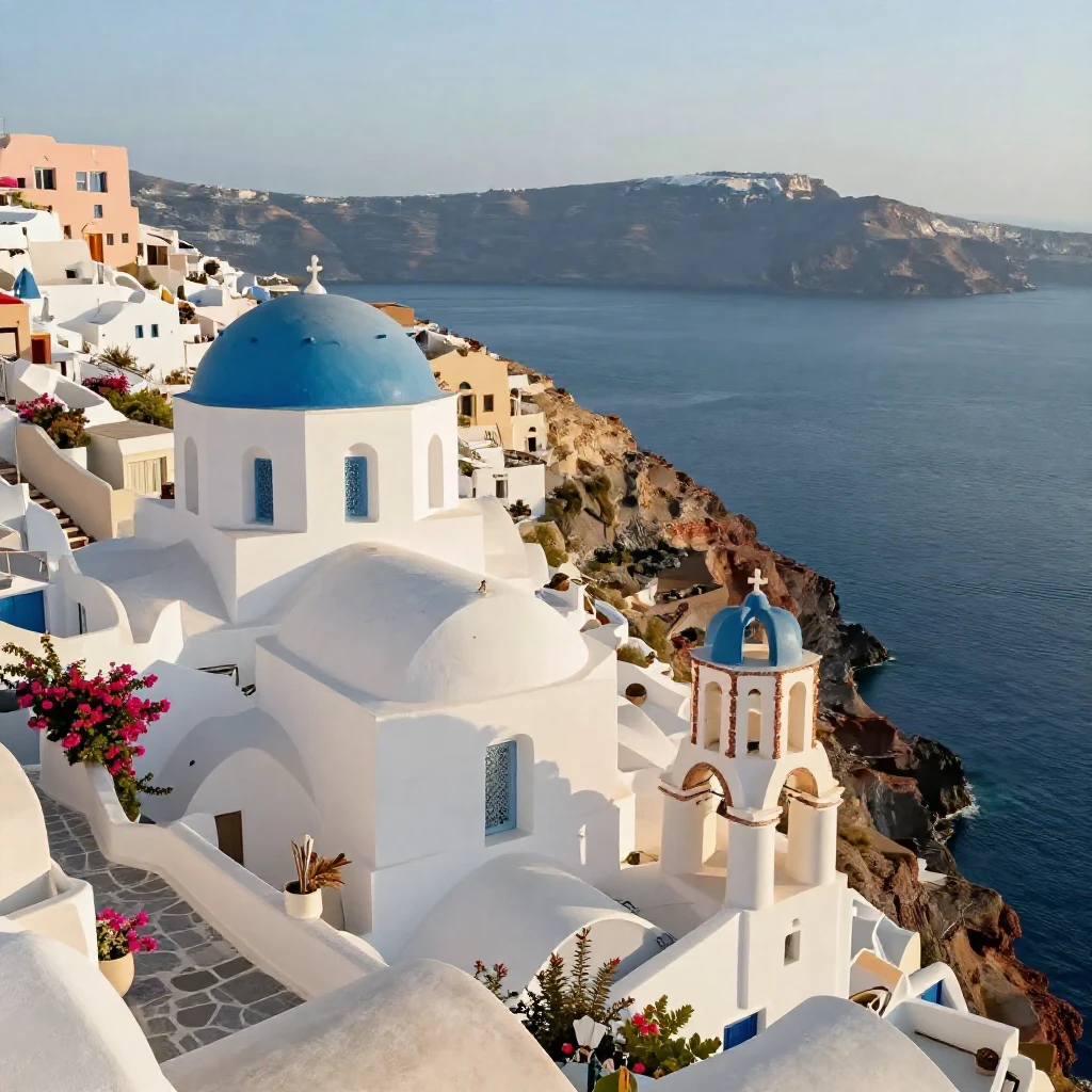 Santorini's white buildings cascading down a cliff to the sea