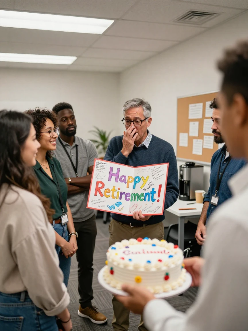 A group of coworkers surprises a retiring colleague with a handmade card and cake.