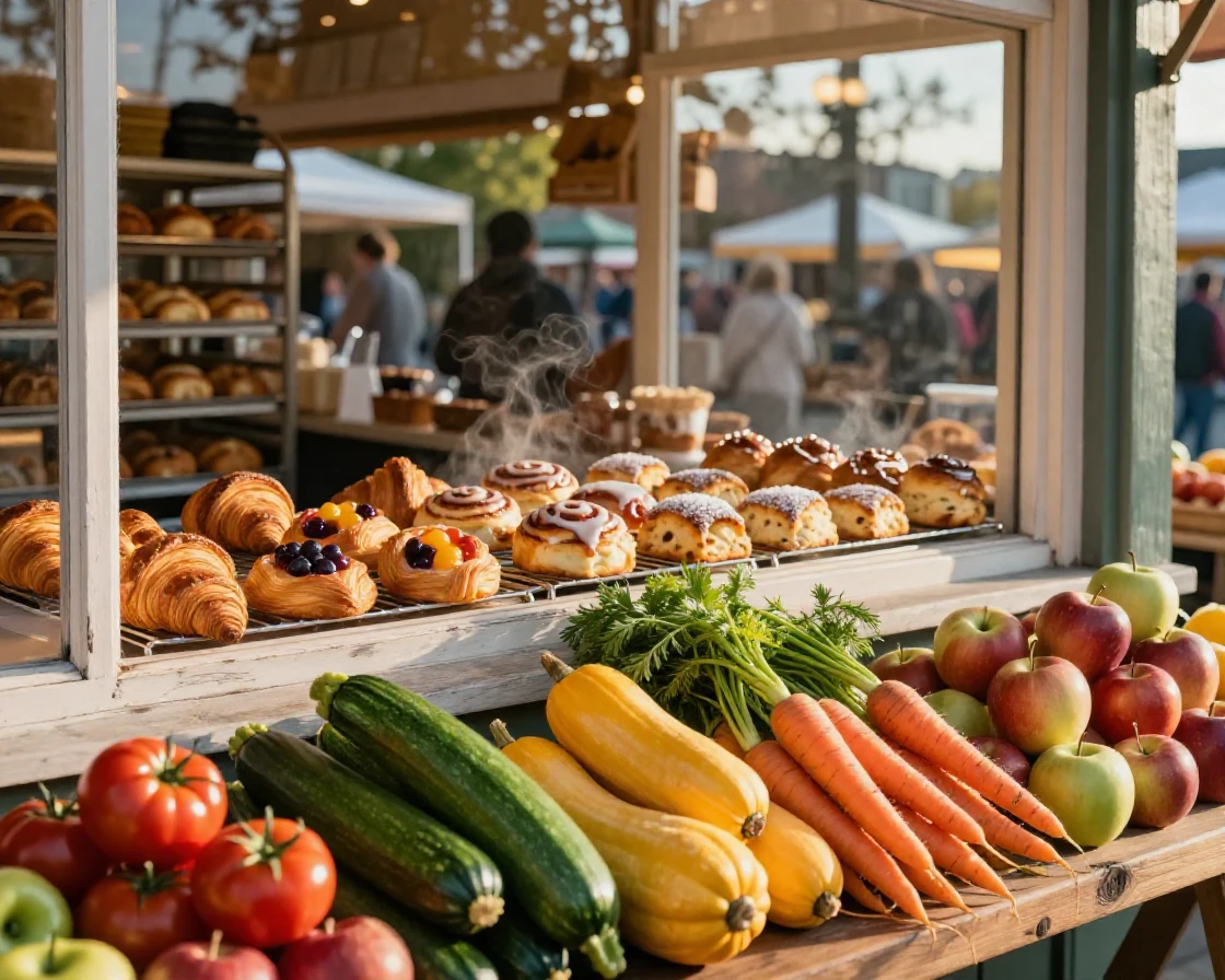 A row of fresh pastries cooling in a small bakery window, ready to be shared, on a market stall piled high with produce