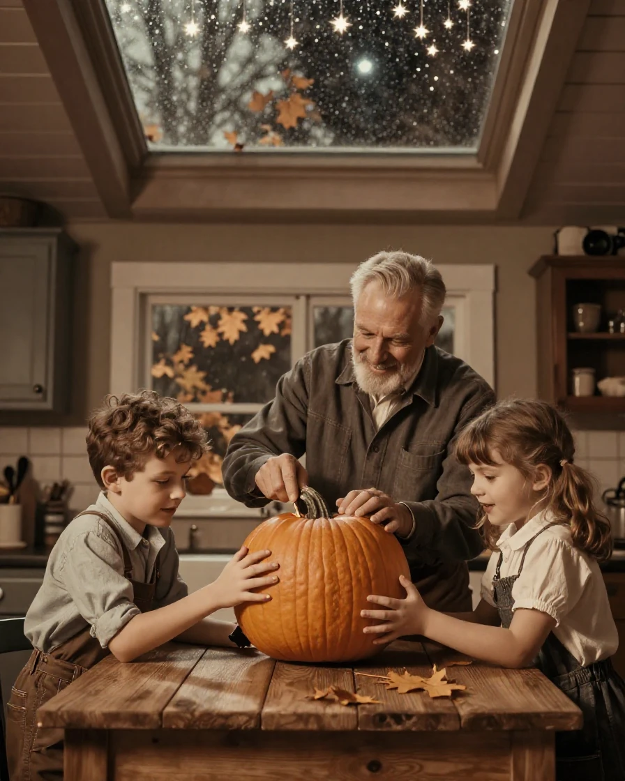A grandfather carving a pumpkin with his grandchildren at the kitchen table, under a canopy of stars, under a light drizzle, in late autumn, with a soft sepia-tinted glow, captured from a low angle looking up.