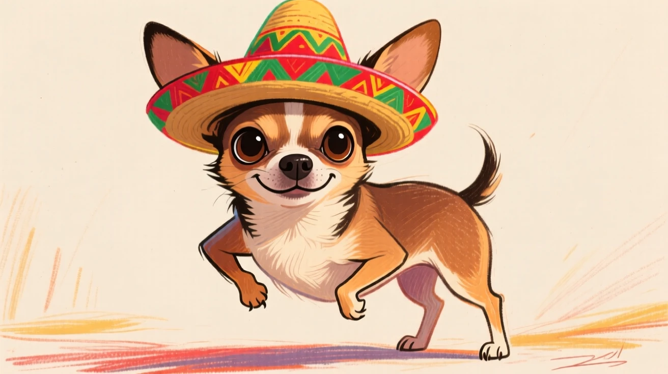 A tiny chihuahua wearing a tiny sombrero, standing defiantly with paws on hips.