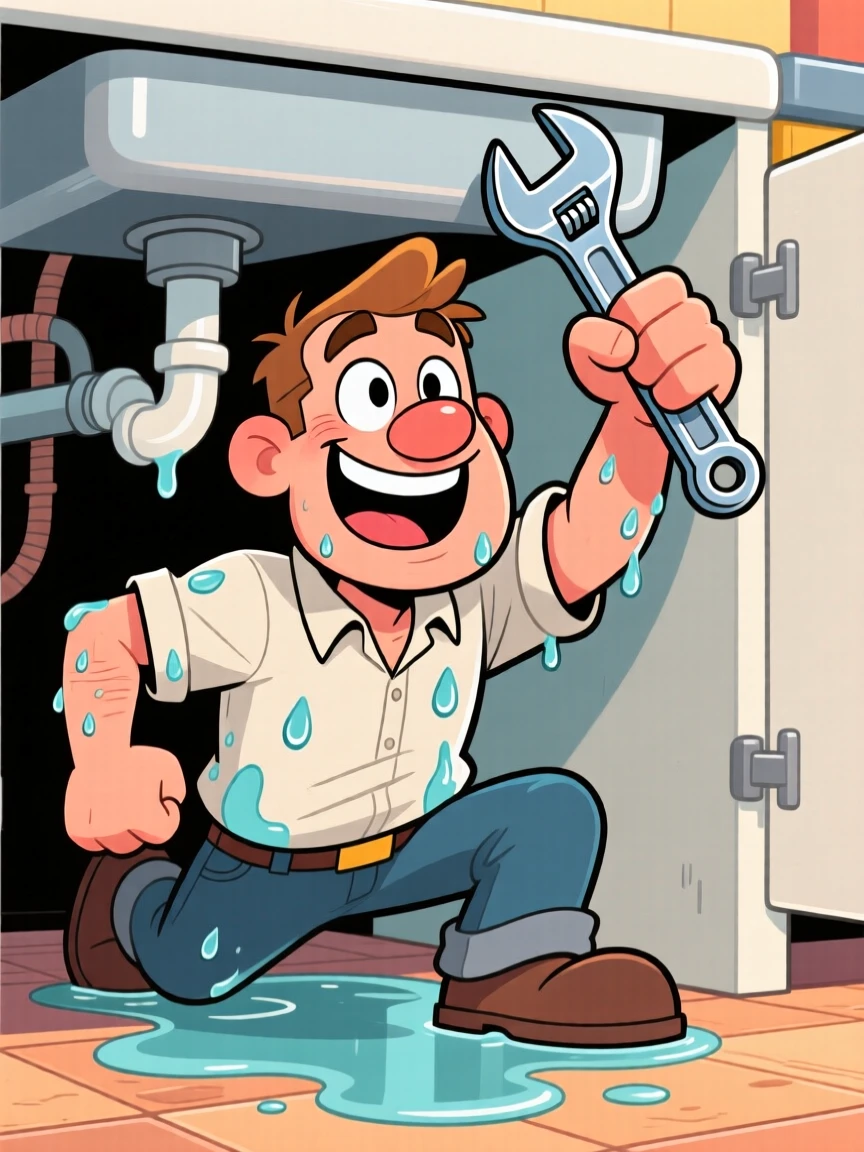 A vibrant profession-themed portrait of a hardworking plumber emerging from under a sink, wrench in hand and a triumphant grin despite a soaked shirt.