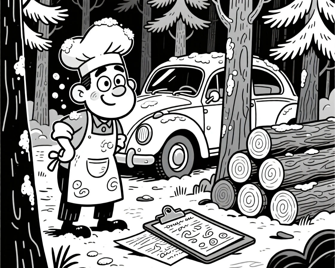 A cheerful baker dusted in flour, peering suspiciously under the hood of a car, set in a dense pine forest with a woodpile nearby. A clipboard full of illegible notes rests nearby. The image captures dedication with a wink of playfulness.