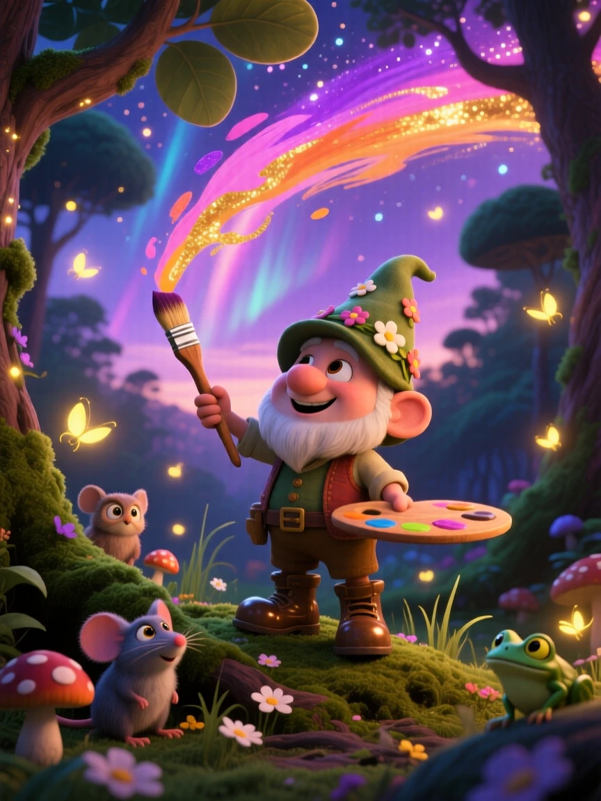 A tiny gnome gardener stands in an enchanted forest glowing with fireflies, painting the sky with swirling colors. A magical, wondrous stillness fills the scene, with small creatures peeking out curiously nearby.