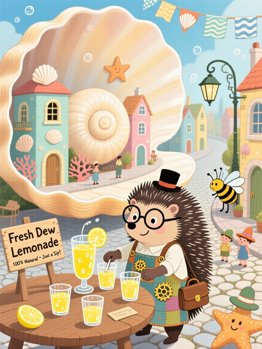 In a city built inside a giant seashell, a hedgehog inventor spends the day selling tiny cups of dew as lemonade, with everything slightly too big or too small in a charming way.