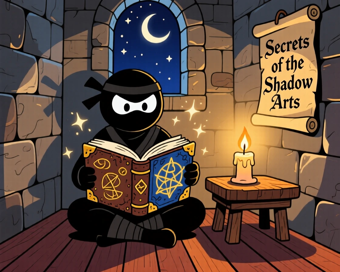 A shadow ninja reading an old spellbook by candlelight in a tower.