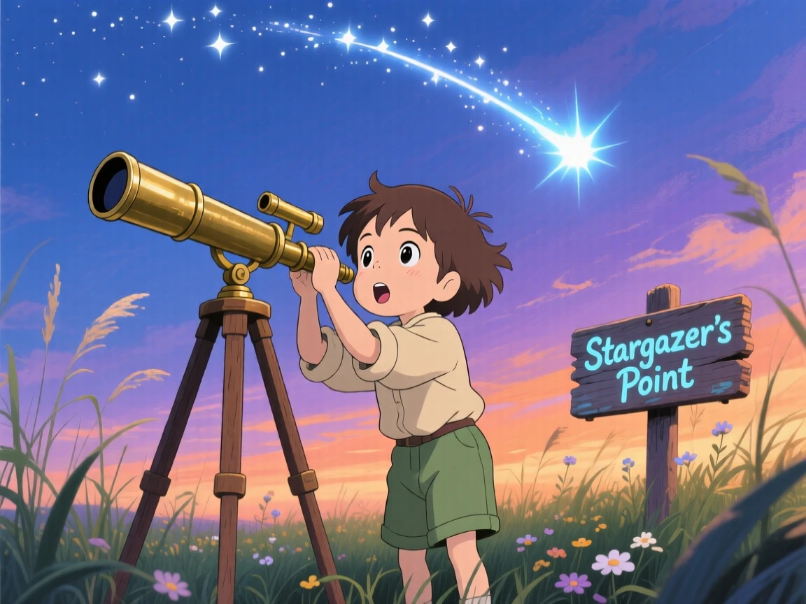 A curious child peering through an old telescope at a passing comet, the moment brimming with discovery.