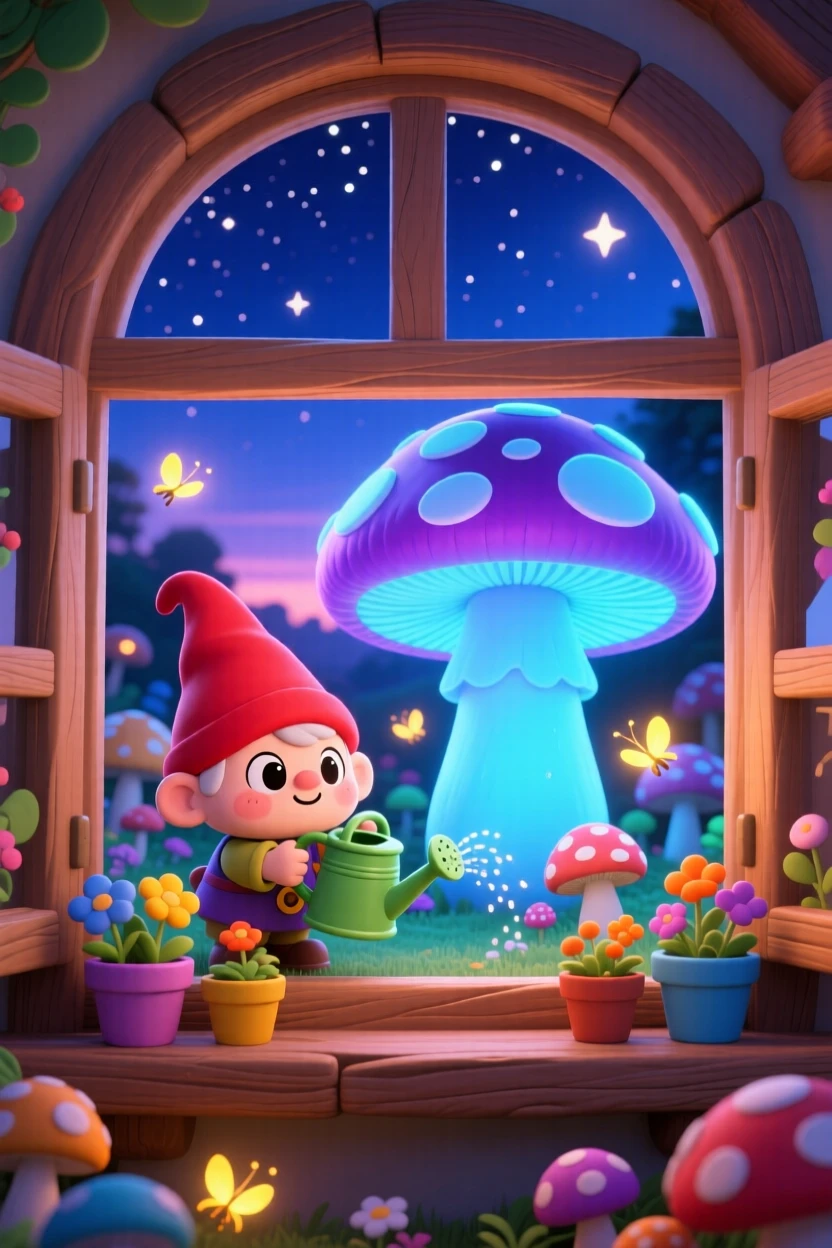 Framed through a window of a gnome gardener, watering a giant glowing mushroom, in a whimsical fungal garden, as fireflies begin to glow at dusk, illuminated by sparkling starlight, radiating peaceful calm.