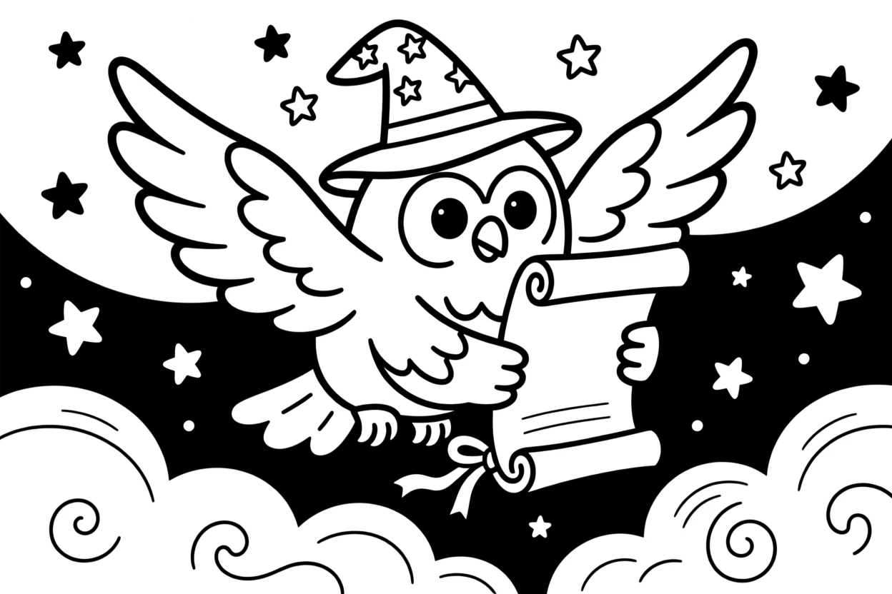 A wizard's owl delivering a scroll message through the night sky