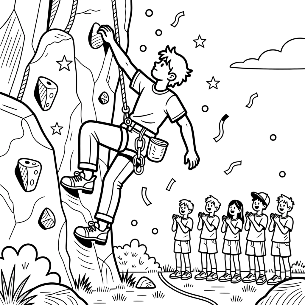 A rock climber reaching for a hold high on a cliff face, with confetti raining down after the winning moment.