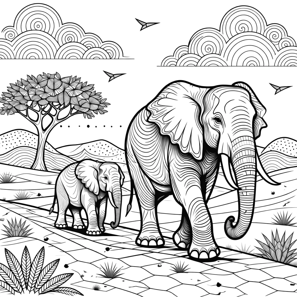 A family of elephants walking single file across a dusty plain.