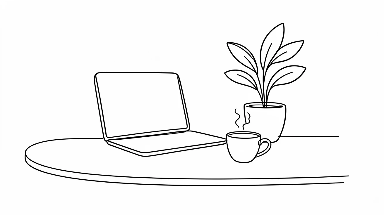 A quiet home office desk with a laptop, plant, and cup of tea