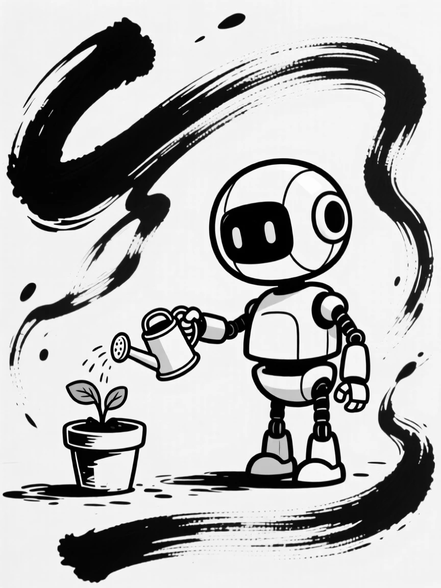 A small round robot character watering a tiny potted plant with a tiny watering can.