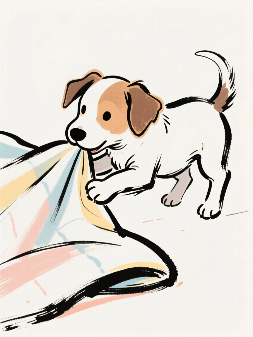 A puppy tugging playfully on the corner of a blanket.