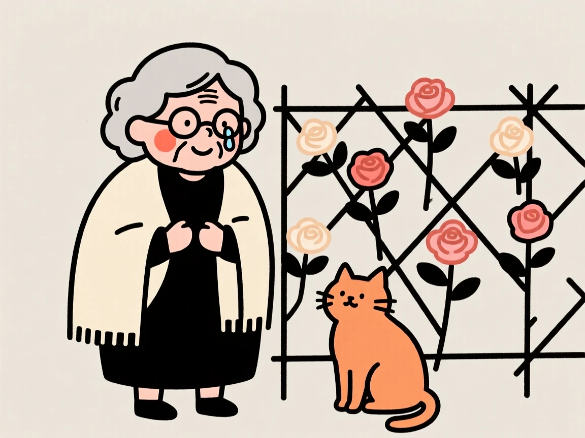 A grandmother with a fluffy orange cat, holding back happy tears, beside a blooming rose trellis.