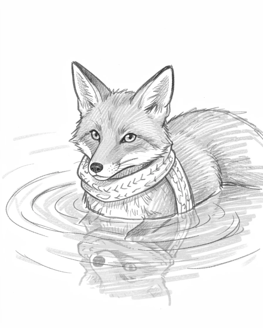 A heartwarming scene of a curious red fox paddling through calm turquoise water, wrapped loosely in a knitted scarf.