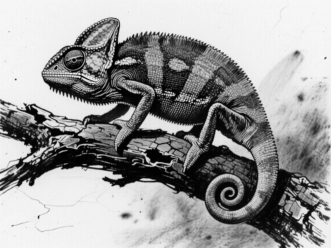 A chameleon perched on a weathered tree branch.