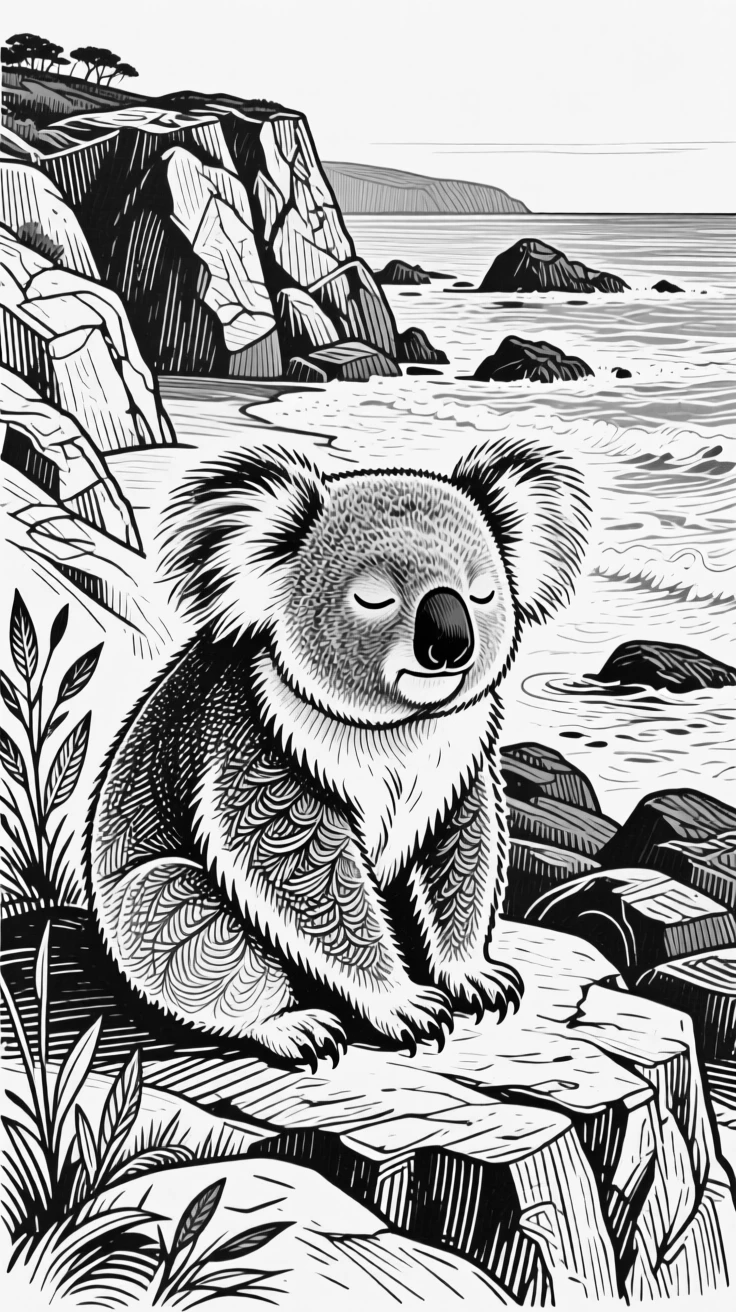 A sleepy koala along a rocky coastline, feathers fanned in fine detail, capturing a gentle and endearing moment in nature with a strong, centered focal point.