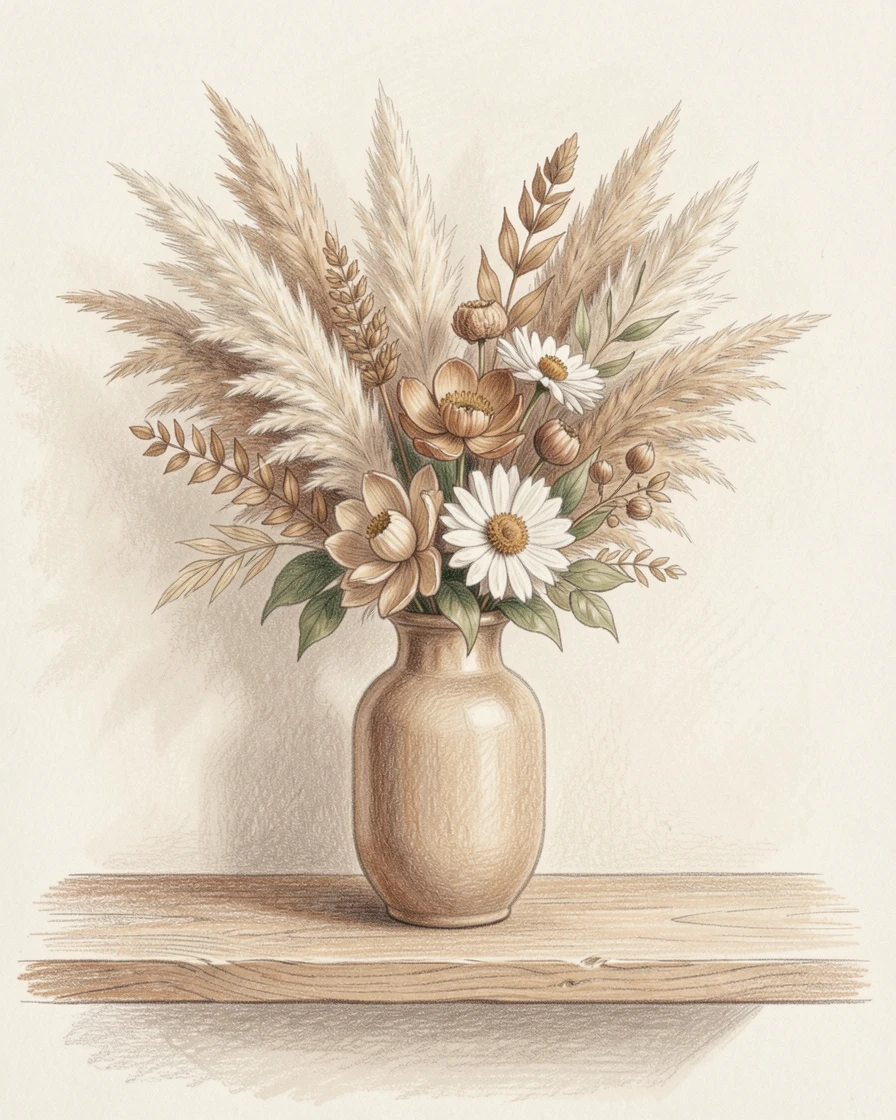 A vase of pampas grass and dried florals on a wooden shelf, set against a simple, softly lit neutral background, evoking romance, elegance, and quiet beauty.