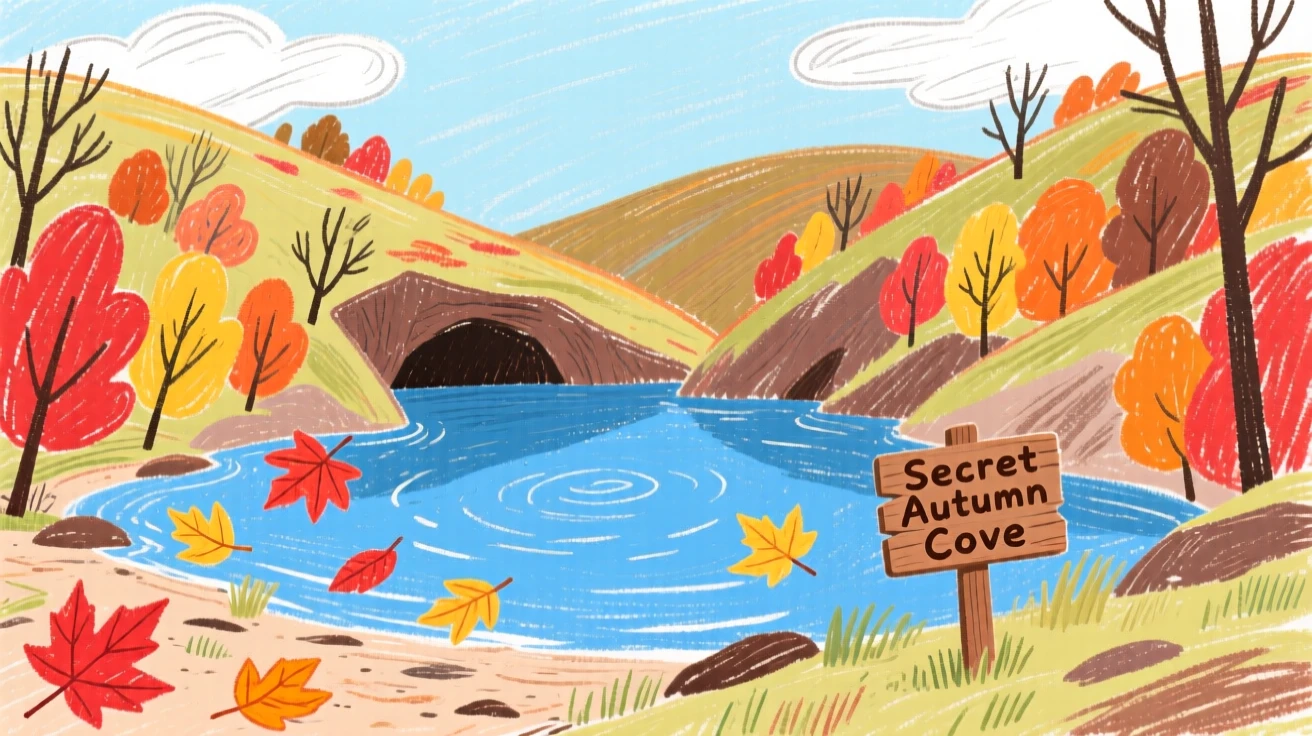 A view of a hidden cove surrounded by drifting autumn leaves.