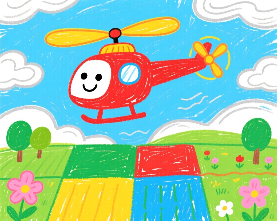 A nimble helicopter floating above a patchwork of green fields.