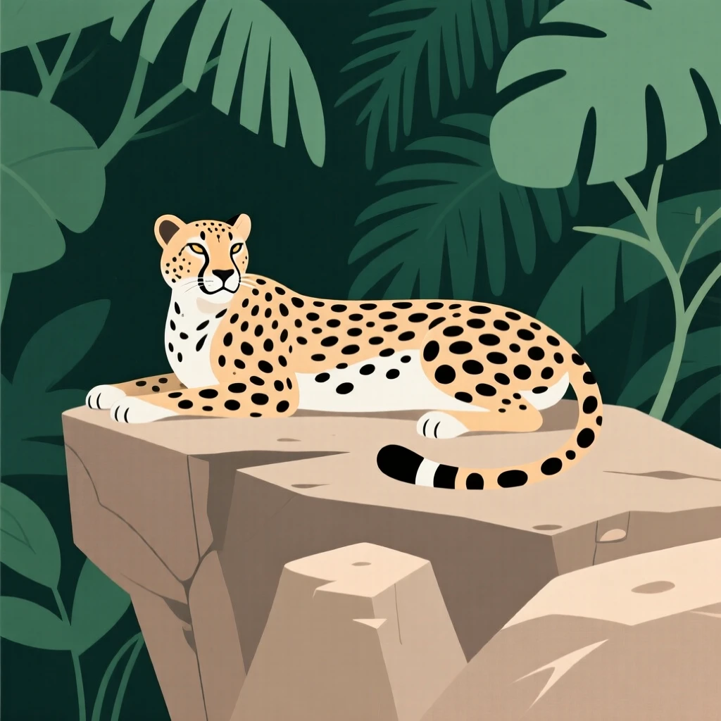 A majestic cheetah resting on a rocky outcrop overlooking the dense jungle.