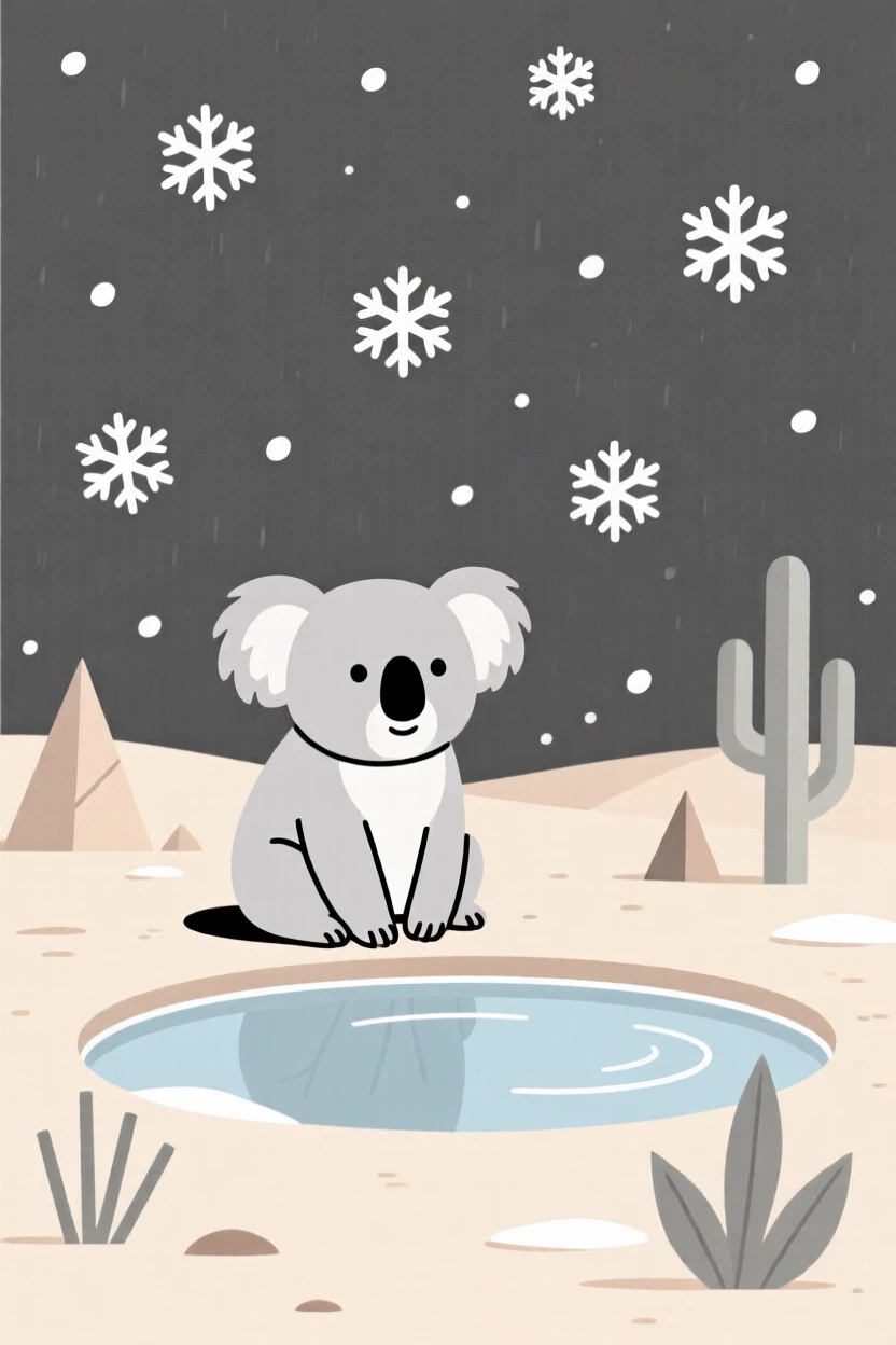 A curious koala pausing in a desert oasis, with falling snowflakes in the background, radiating gentle curiosity.