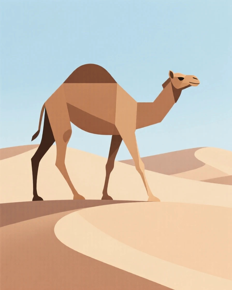 A camel walking across desert dunes