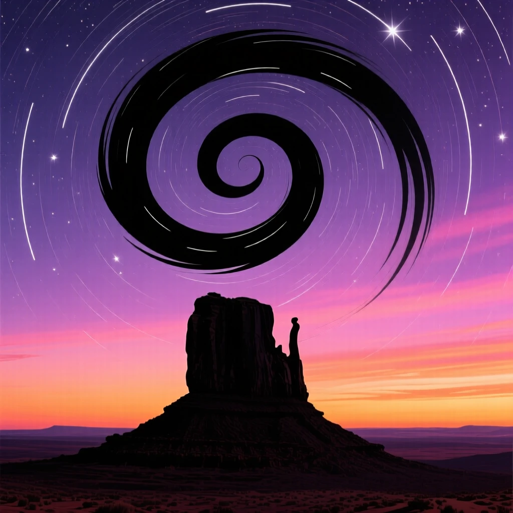 A long star trail spiraling above a lone rock formation in the desert.