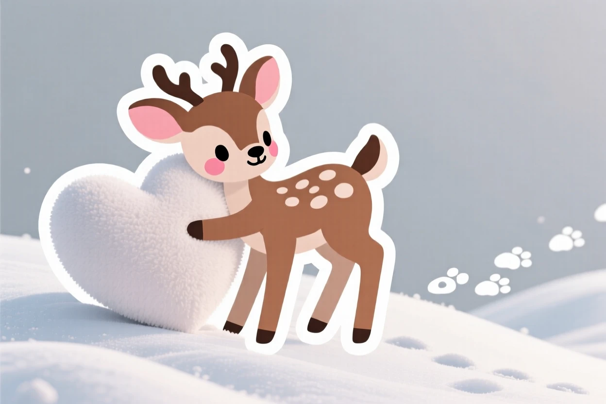 A rosy-cheeked spotted fawn hugging a giant heart pillow, on a snowy hill with tiny footprints trailing behind.